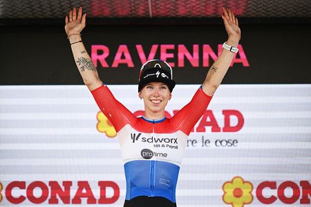 Lorena Wiebes of Netherlands and Team SD Worx - Protime celebrates at podium as stage winner during the 37th Giro d'Italia Women