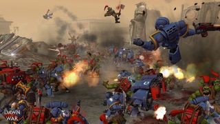 A shootout between squads in Dawn of War, one of the best Warhammer games.