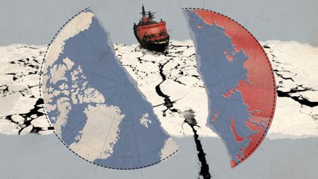 Photo collage of a Russian icebreaker ship splitting the map of the Arctic Circle in half over a background of cracked ice and snowmelt.