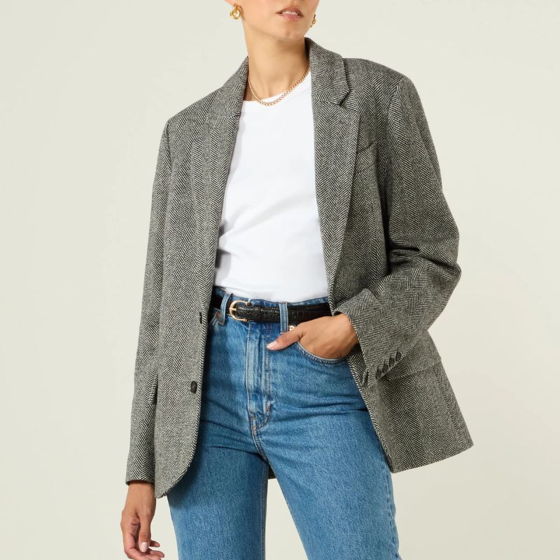 Hutton Blazer: Wool, Grey Herringbone on model 