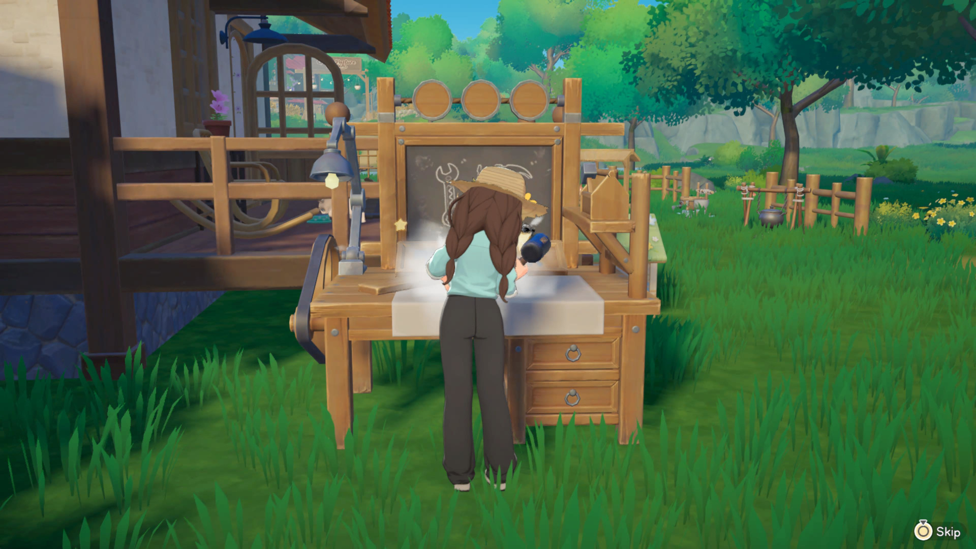The protagonist crafts at a crafting table in life sim RPG, Starsand Island
