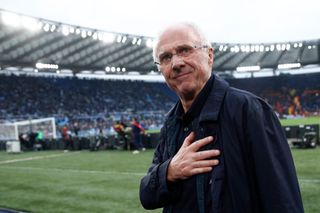 Sven-Goran Eriksson greets lazio fans before the match prior to the Serie A match between SS Lazio and AS Roma at Stadio Olimpico on March 19, 2023 in Rome, Italy. (Photo by Matteo Ciambelli/DeFodi Images via Getty Images)