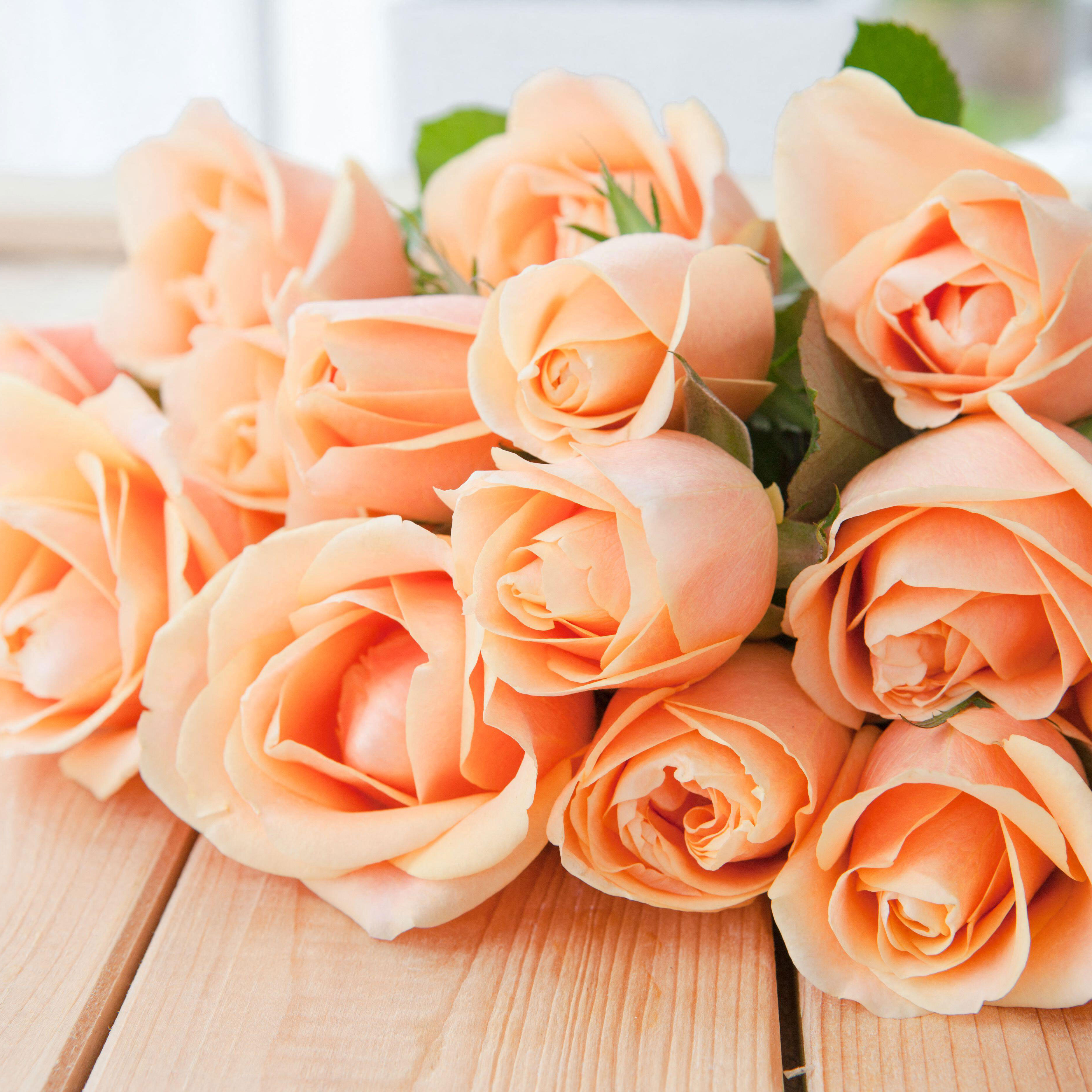 peach roses lying on wooden table