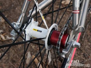 While a dedicated singlespeed rear wheel might in theory offer better stiffness with wider spoke flange spacing, Maureen Bruno-Roy instead prefers to stick with her tried-and-true Mavic Ksyrium SLS aluminum tubulars, fitted with an aluminum singlespeed cog and spacer kit from Endless Bike Company