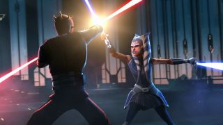 Still from the T.V. show Star Wars Rebels. Ahsoka (orange face with white markings and blue and white stripped head tails) and Darth Maul (black and red face markings and a several small horns protruding from his head) are locked in a fierce lightsaber battle. Darth Maul has a double-ended red lightsaber, whilst Ahsoka is attacking with short blue lightsabers.
