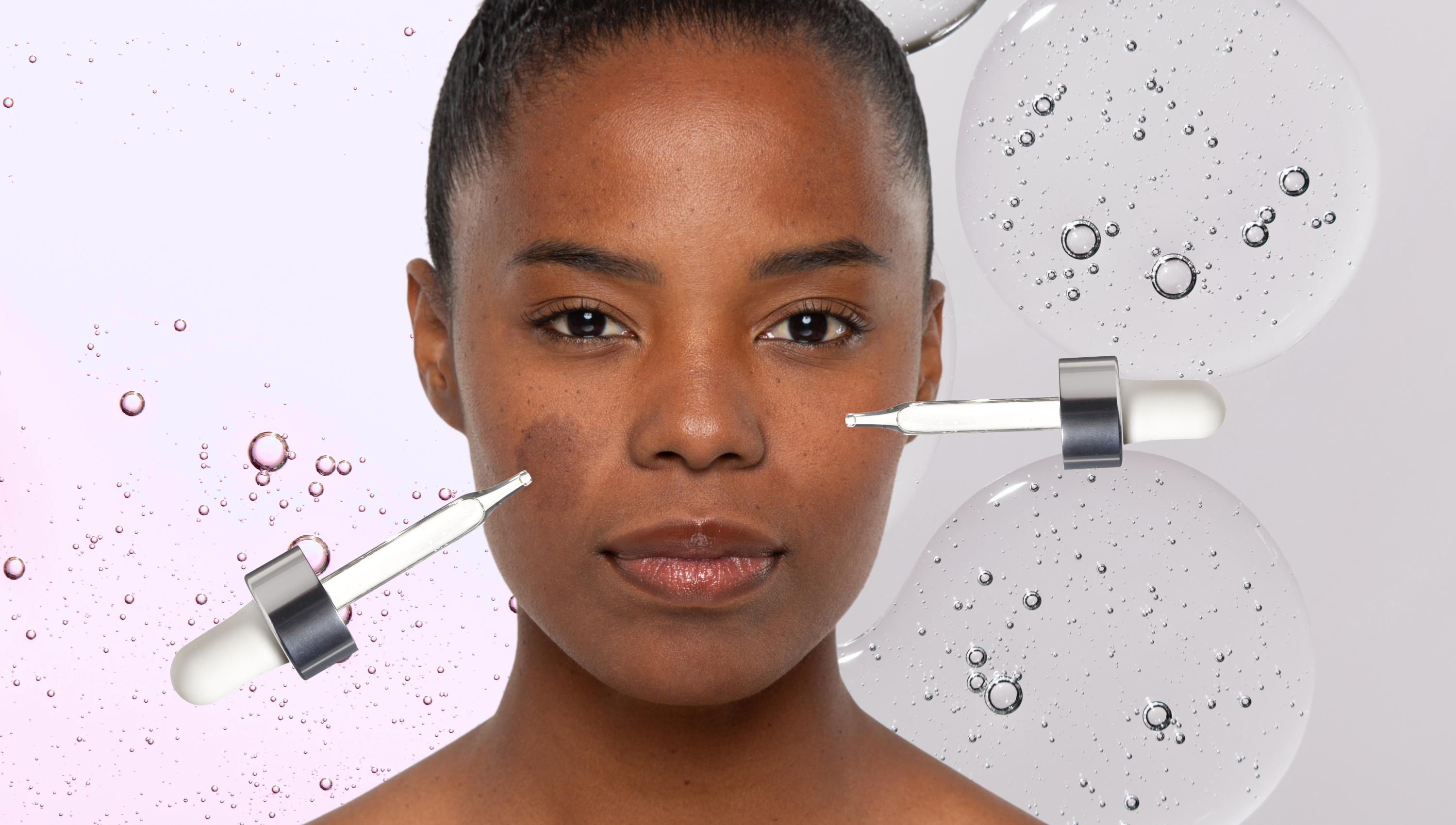 a woman with dark spots on a half and half background of serums that are different colors featuring skincare droppers