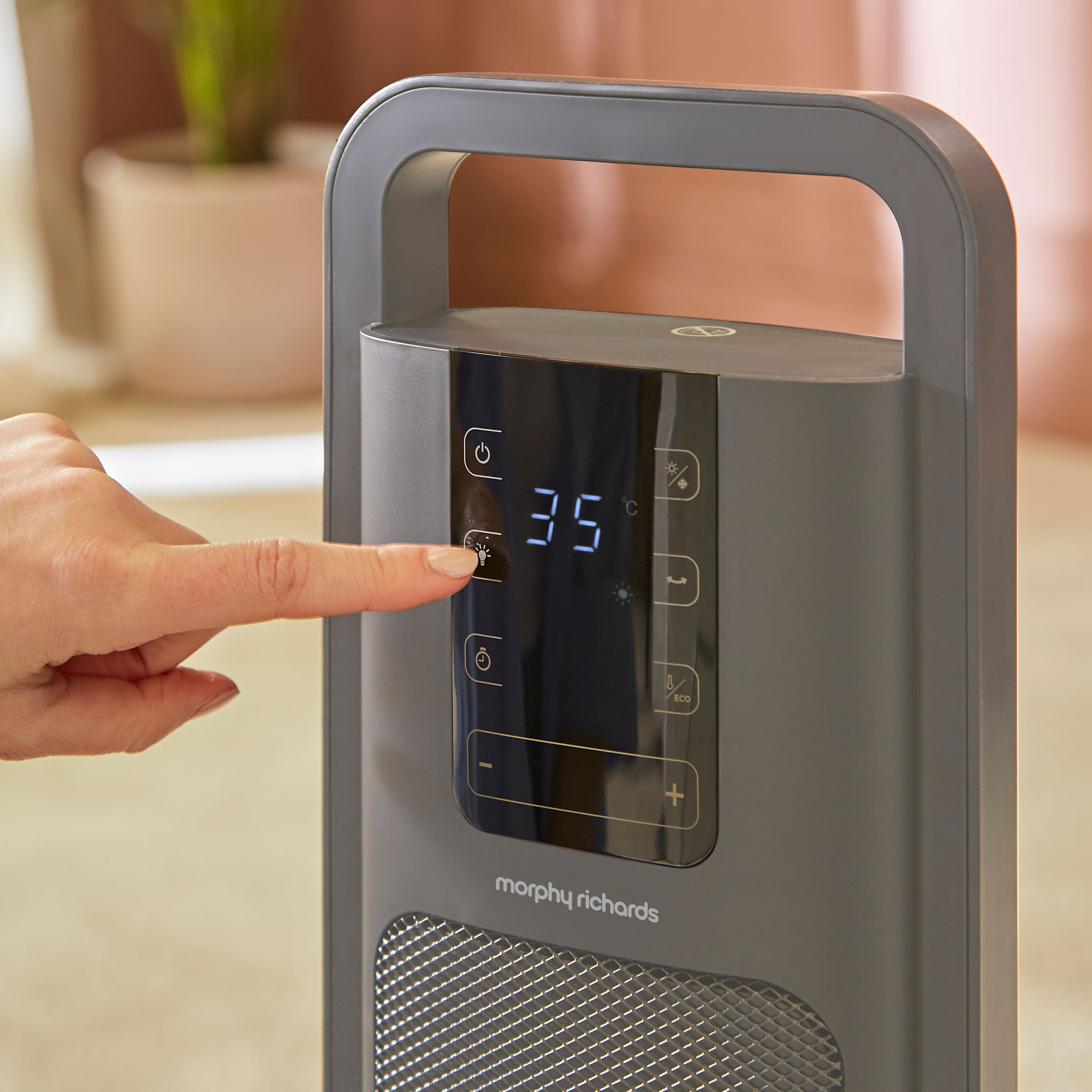 touch controls of Morphy Richards tower fan heater