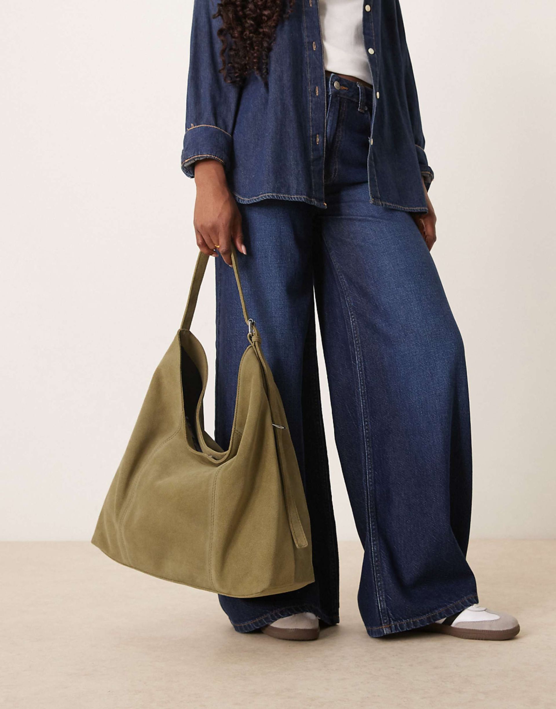 Asos Design Suede Slouch Buckle Tote Bag in Khaki
