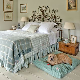 bedroom with wooden flooring bed and dog bedding