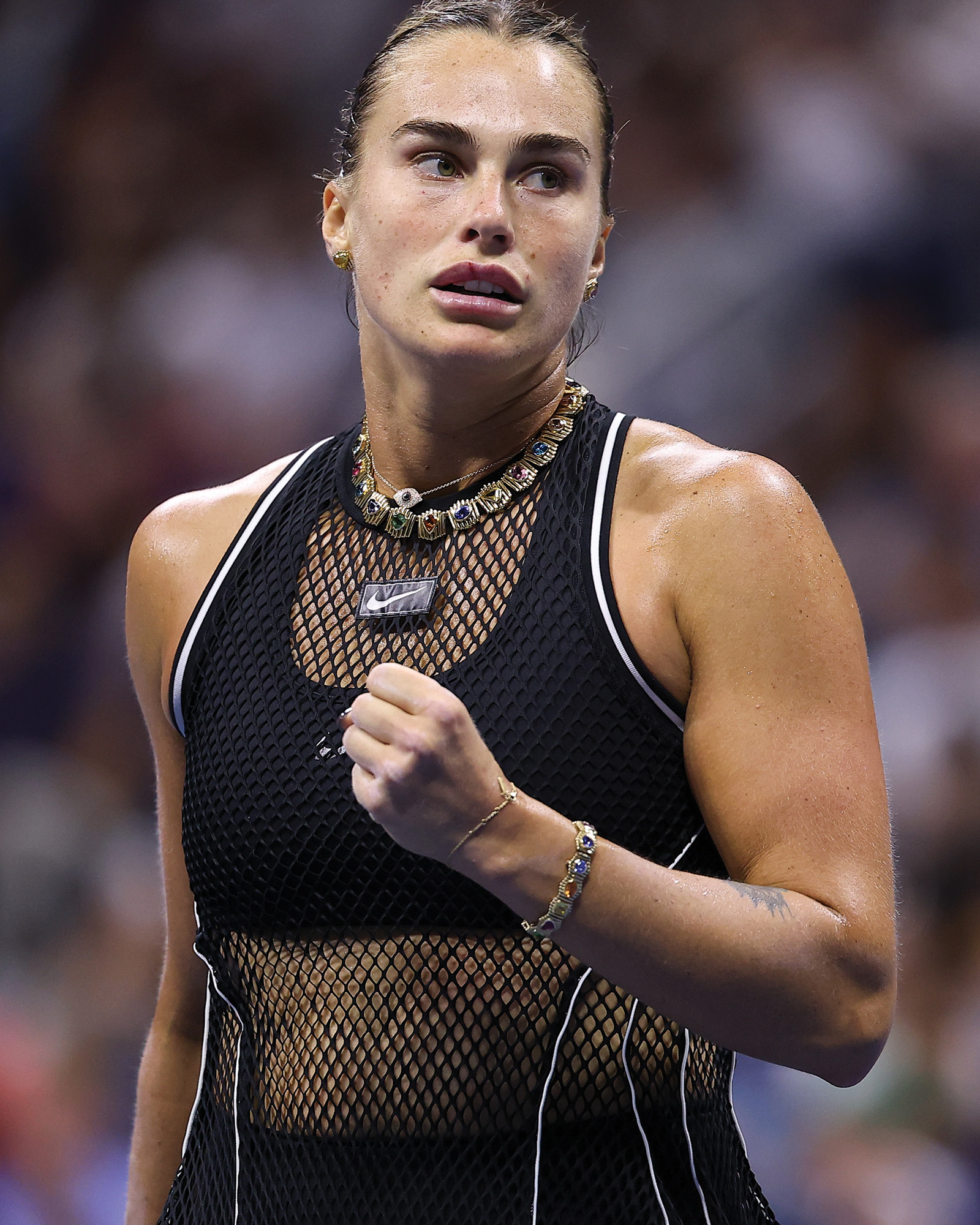 NEW YORK, NEW YORK - SEPTEMBER 02: Aryna Sabalenka celebrates against Polina Iatcenko during a Women's Singles match on Day Four of the 2026 US Open.