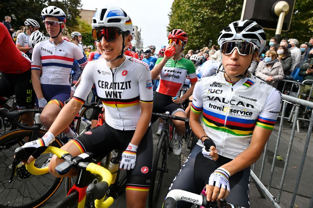 German Lisa Brennauer and Italian Elisa Balsamo pictured before the start of the first edition of the women elite race of the ParisRoubaix cycling event 1165km from Denain to Roubaix France on Saturday 02 October 2021 BELGA PHOTO ERIC LALMAND Photo by ERIC LALMANDBELGA MAGAFP via Getty Images