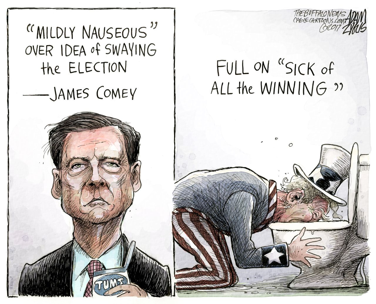 Political Cartoon U.S. FBI James Comey Hillary Clinton mildly nauseous Uncle Sam winning