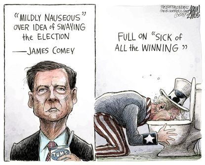 Political Cartoon U.S. FBI James Comey Hillary Clinton mildly nauseous Uncle Sam winning