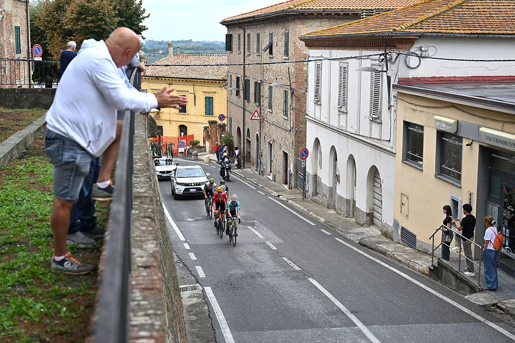 PONTEDERA, ITALY - SEPTEMBER 10: A general view of Tyler Stites of The United States and Team Caja Rural - Seguros RGA, Nil Gimeno of Spain and Team Equipo Kern Pharma, Sam Brand of Great Britain and Team Novo Nordisk, Mattia Bais of Italy and Team Polti VisitMalta and Adne Holter of Norway and Team Uno-X Mobility compete in the breakaway during the 97th Giro della Toscana - Memorial Alfredo Martini 2025 a 189.4km one day race from Pontedera to Pontedera / #UCIWT / on September 10, 2025 in Pontedera, Italy. (Photo by Luc Claessen/Getty Images)