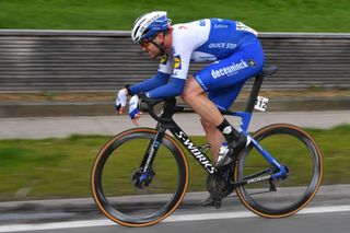 Eventual winner Kasper Asgreen (Deceuninck-QuickStep) gives it everything to hold off the chasing pack at the 2020 Kuurne-Brussel-Kuurne
