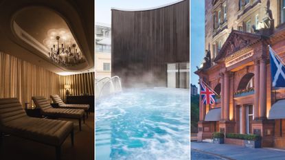 Collage of three of the best spa hotels in scotland, the Waldorf Astoria Edinburgh, Sjeratom Grand hotel and spa, exterior of the Calendonian