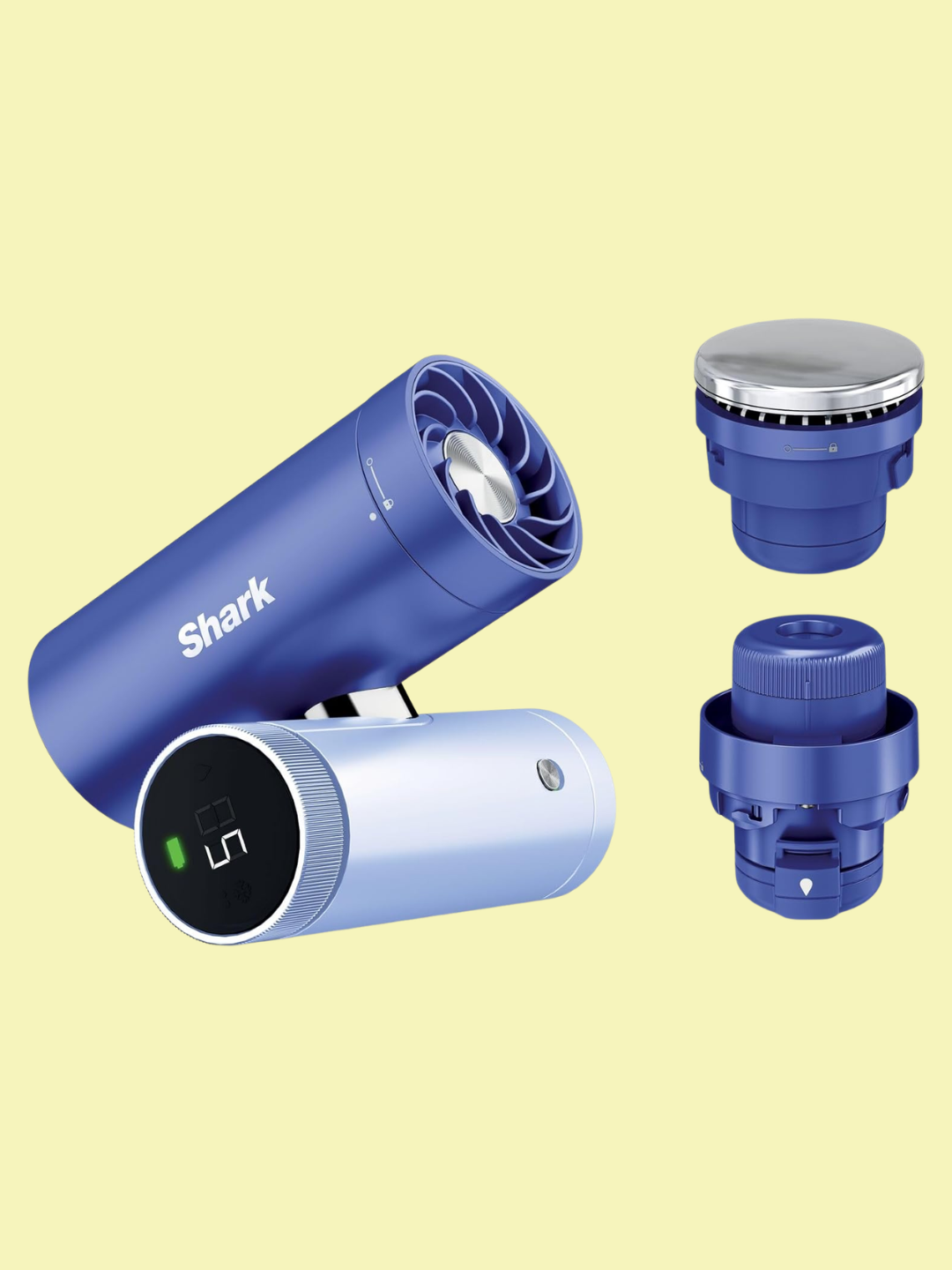 A blue metallic portable electric fan with a cooling plate and misting attachment