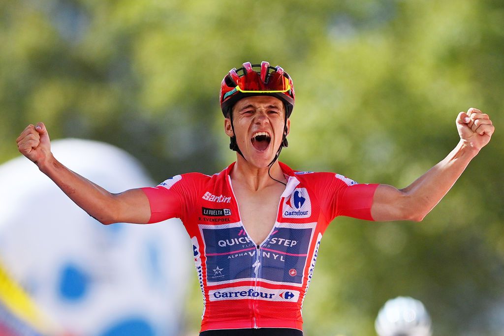 ALTO DEL PIORNAL SPAIN SEPTEMBER 08 Remco Evenepoel of Belgium and Team QuickStep Alpha Vinyl Red Leader Jersey celebrates winning during the 77th Tour of Spain 2022 Stage 18 a 192km stage from Trujillo to Alto del Piornal 1163m LaVuelta22 WorldTour on September 08 2022 in Alto del Piornal Caceres Spain Photo by Justin SetterfieldGetty Images