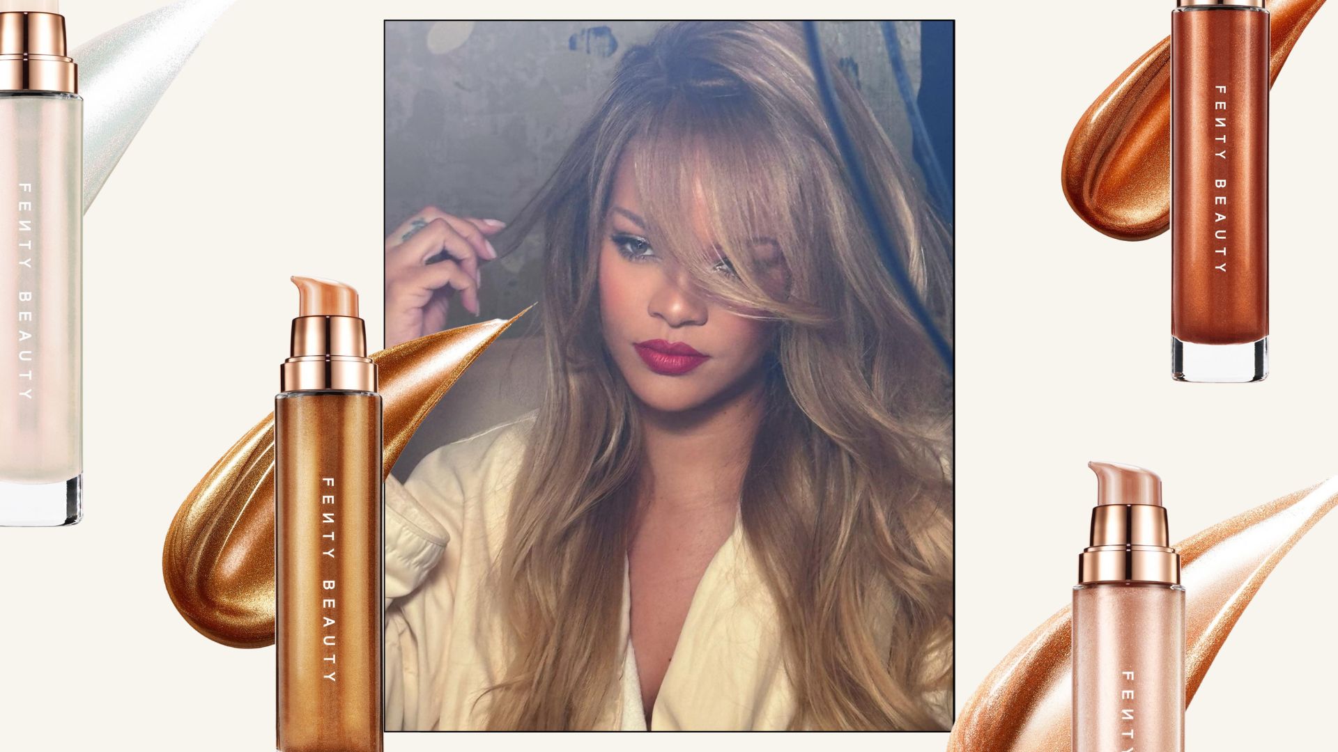 Collage with picture of Rihanna with long hair and product images of the Fenty Beauty Body Lava body shimmers