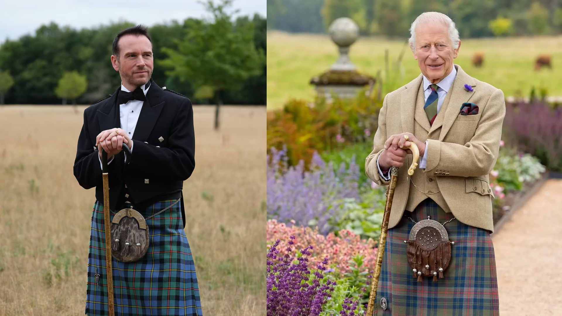 Grant Harrold wearing a bow tie and jacket with a kilt, standing in a field holding a walking stick; King Charles standing in a garden wearing a kilt, tan jacket and tie holding a walking stick