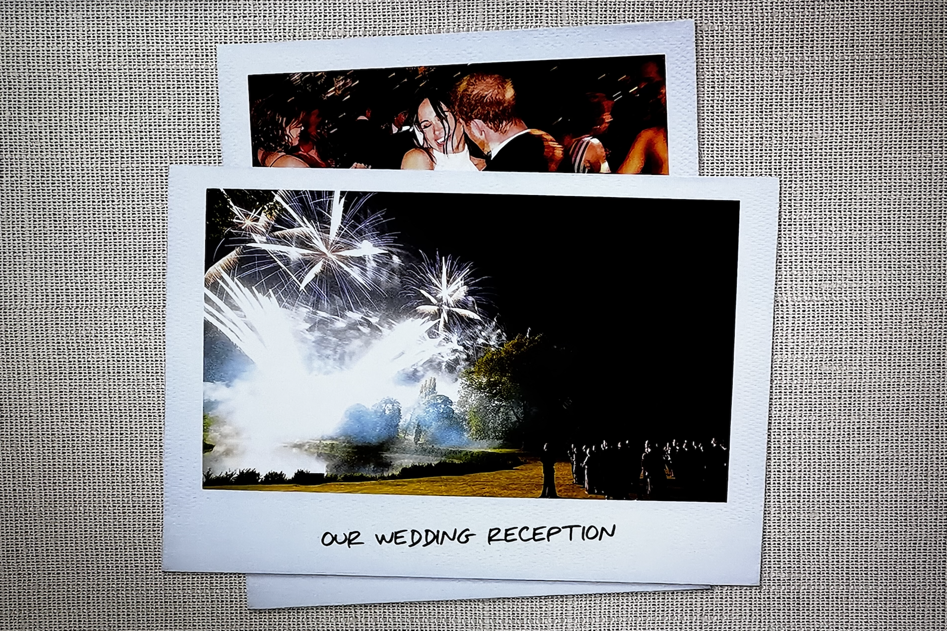 A photo of fireworks and Prince Harry and Meghan Markle dancing