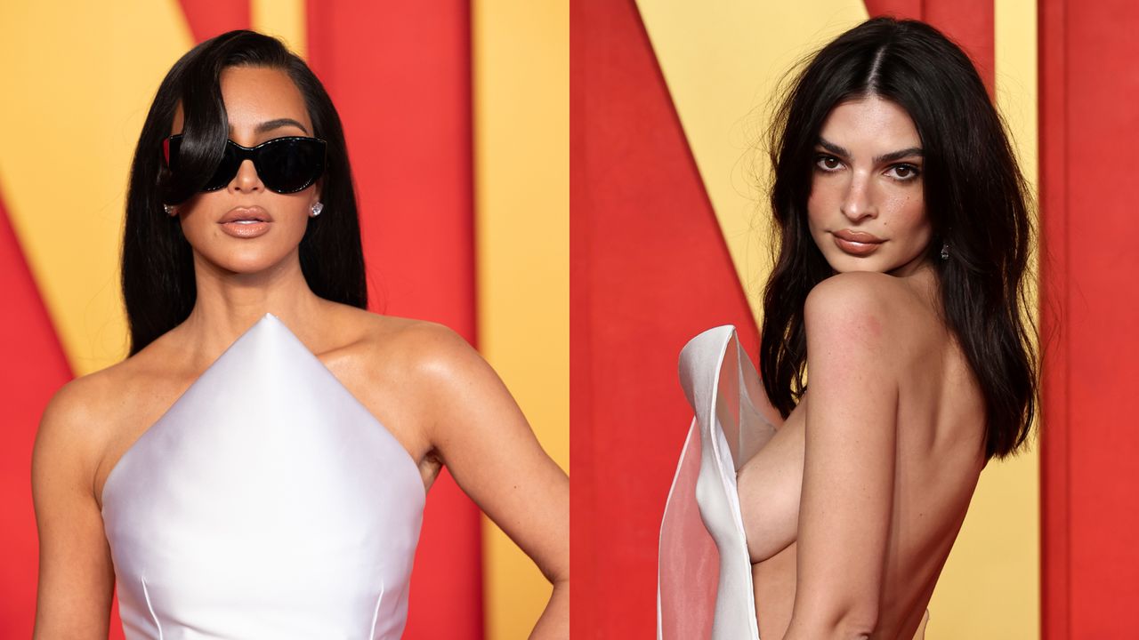 Kim Kardashian and Emily Ratajkowski in a side by side collage from the Vanity Fair Oscars party