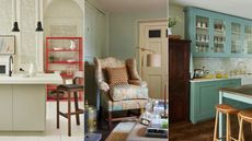 neutral kitchen with red shelves, blue-gray living room, aqua blue and wood kitchen