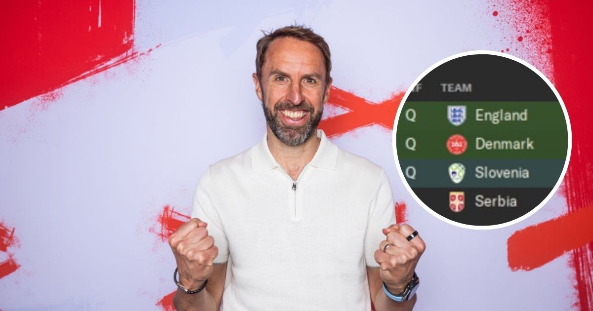 Gareth Southgate cheering in front of a St George&#039;s flag, an inset image of a screengrab from a Football Manager simulation shows England have topped Group C at Euro 2024