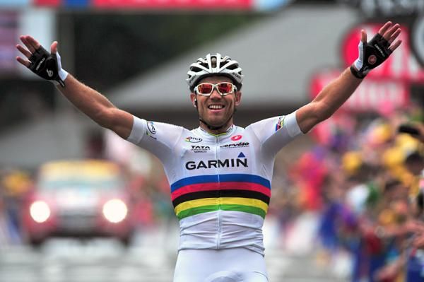 Thor Hushovd pulled of the rare feat of winning a Tour de France stage while wearing the rainbow jersey.