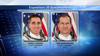 NASA astronaut Chris Cassidy and Tom Marshburn will perform an emergency spacewalk outside the International Space Station on May 11, 2013, to identify and perhaps fix an ammonia coolant leak.