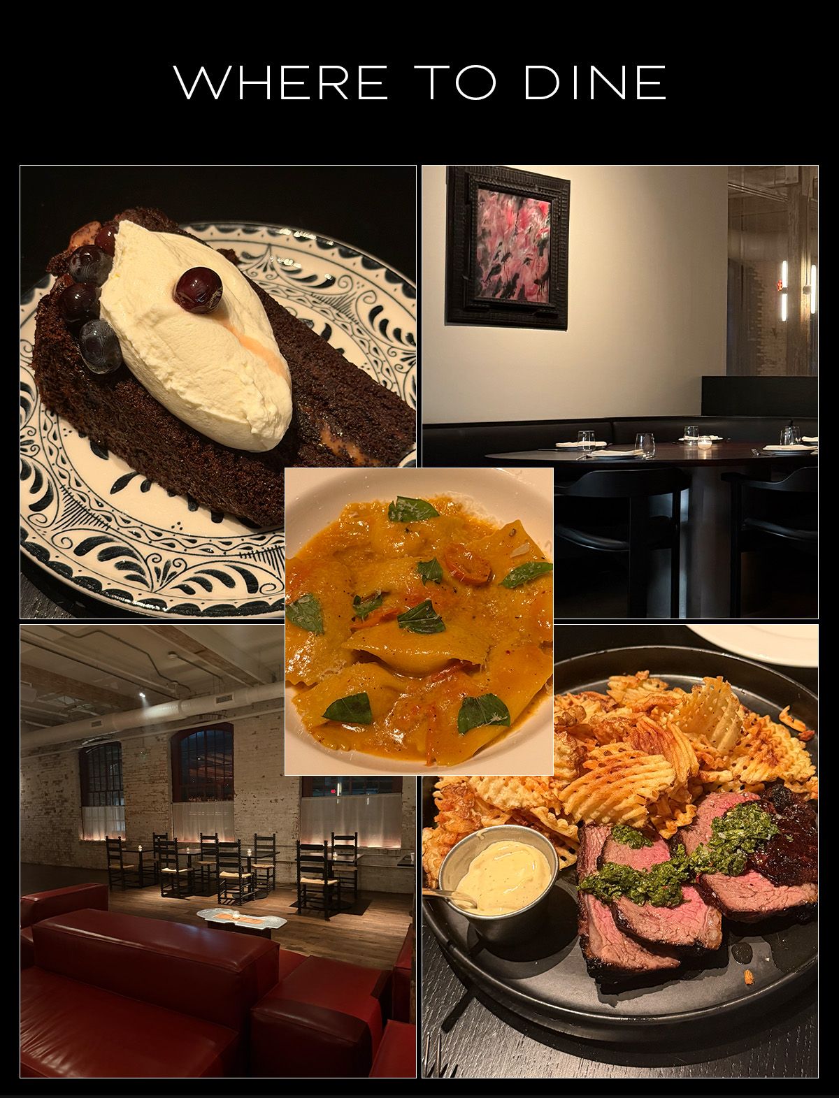 Collage of restaurant interiors and meals in Hudson.
