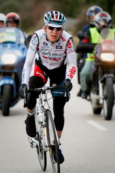A rider from Omega Pharma-Lotto breaks away from the peloton on the way back towards Valdemossa