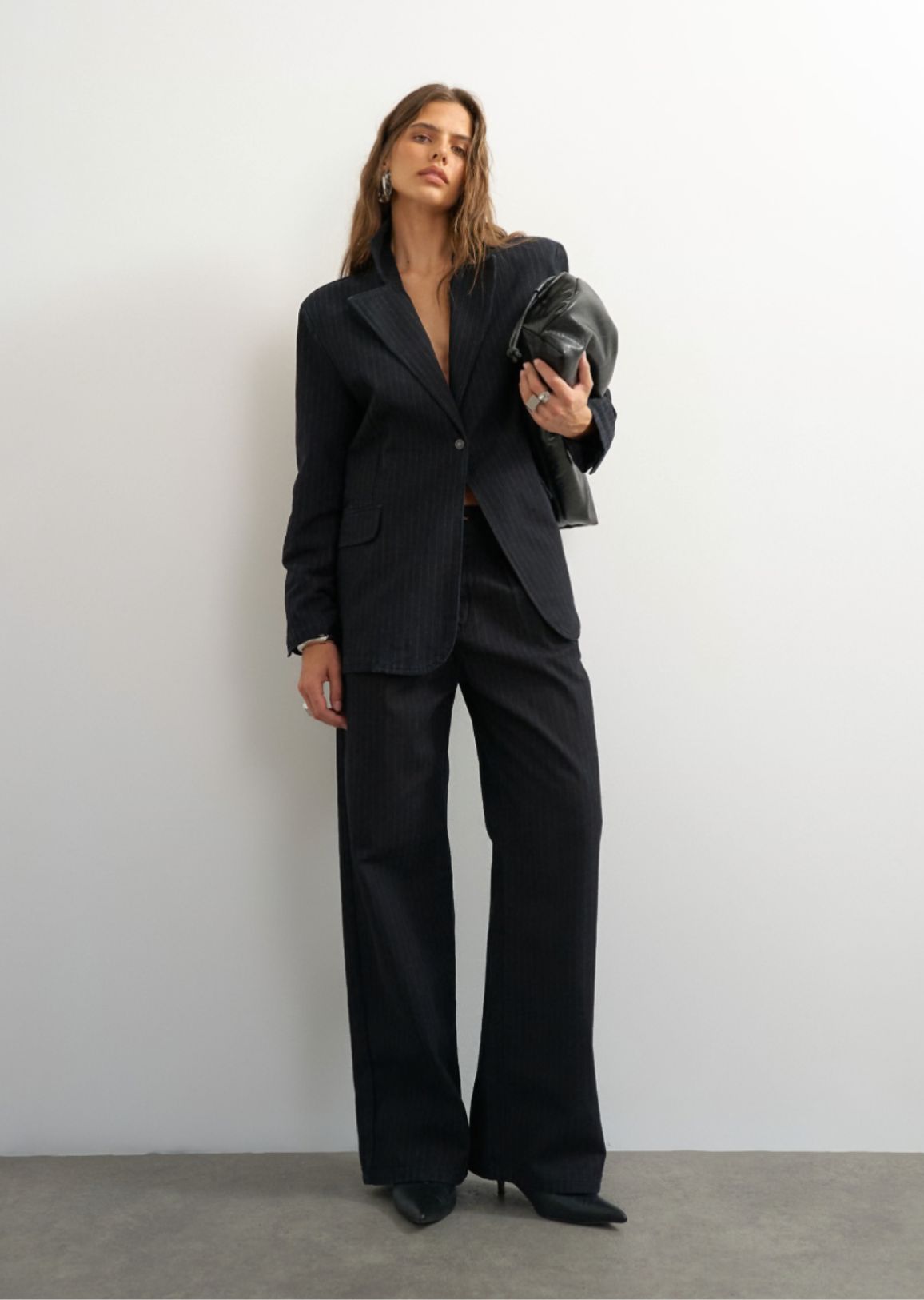Topshop X Cara wide leg pleated pinstripe denim co-ord trouser in indigo