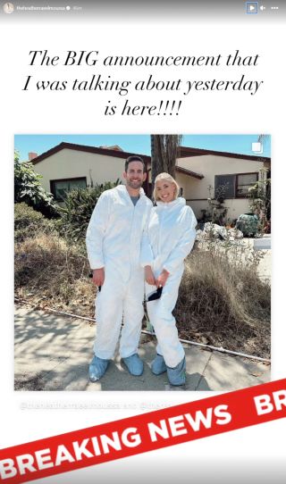 Tarek and Heather Rae El Moussa wearing white jumpsuits Instagram Stories