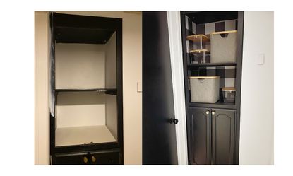 Before and after of black cabinet in hallway upgraded and refreshed with plaid grey peel and stick wallpaper
