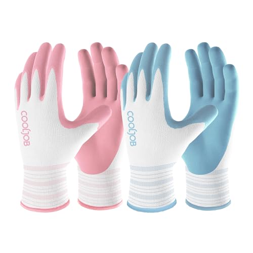 Cooljob 6 Pairs Gardening Gloves for Women Ladies, Breathable Rubber Coated for Yard Garden, Outdoor Indoor Protective Work With Grip, Medium Size, Blue &amp;amp; Pink