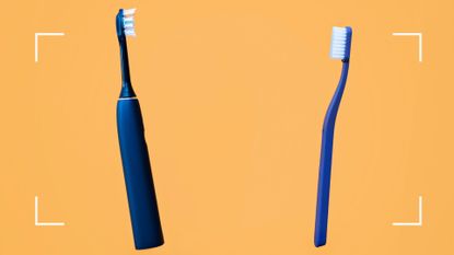 Image of an electric toothbrush and a manual toothbrush on mustard yellow background to illustrate how often should you change your toothbrush