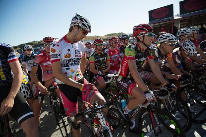 Sean Mazich, one of six riders from Jelly Belly Cycling, awaits the start of the pro men's criterium.