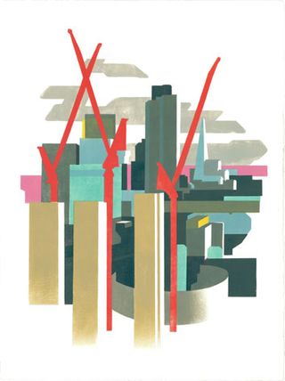 Abstract art work resembling city and cranes