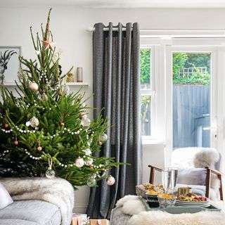 Decorated Christmas tree in furnished living room