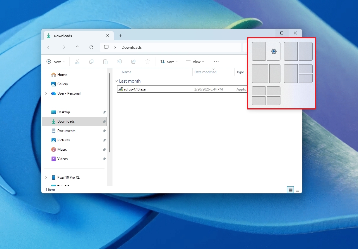 Snap layouts in File Explorer