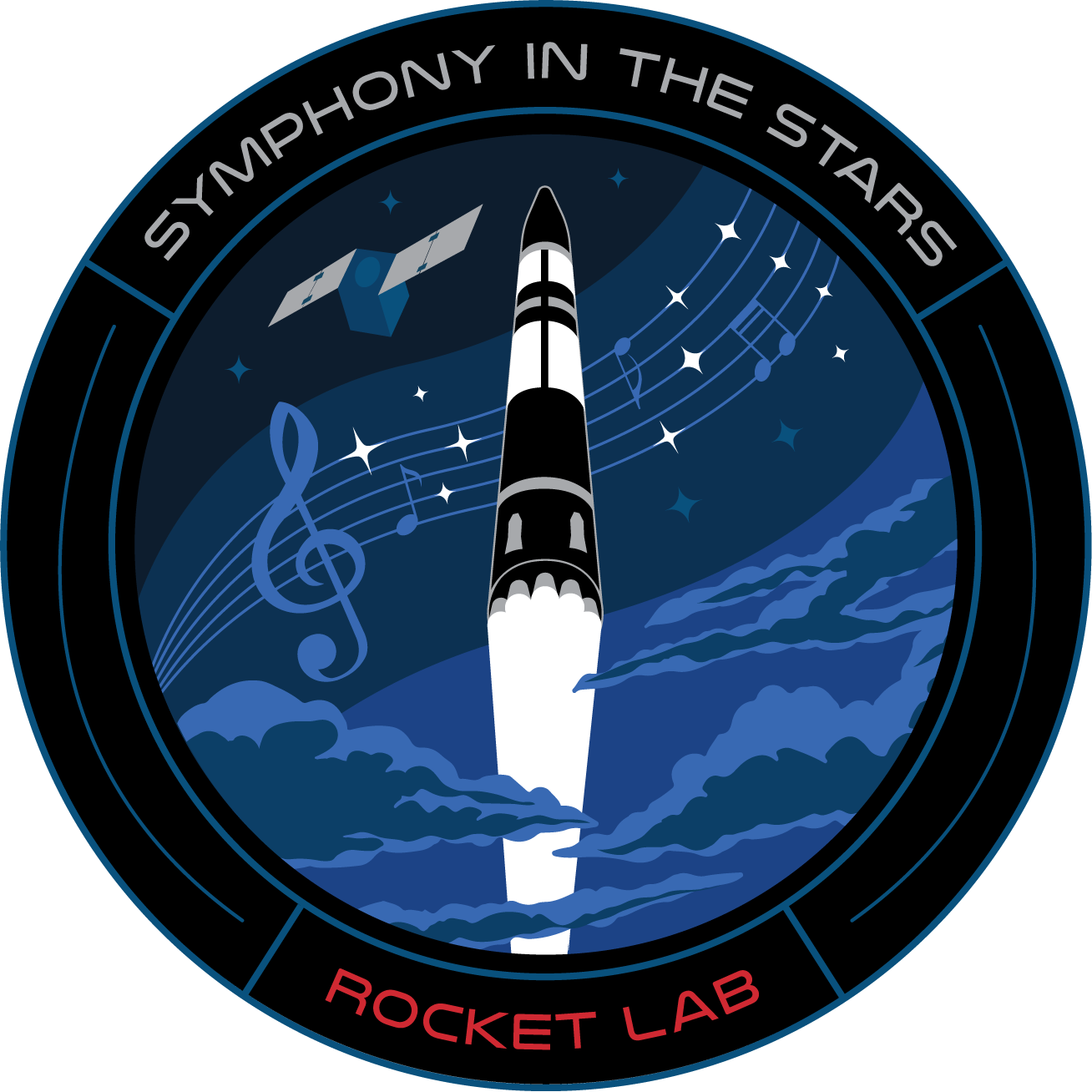 A mission patch showing a black and white rocket launching in the sky through a music staff.
