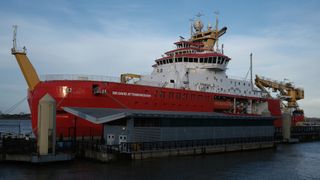 The RRS Sir David Attenborough, a research vessel operated by the British Antarctic Survey, In Liverpool during 2020.
