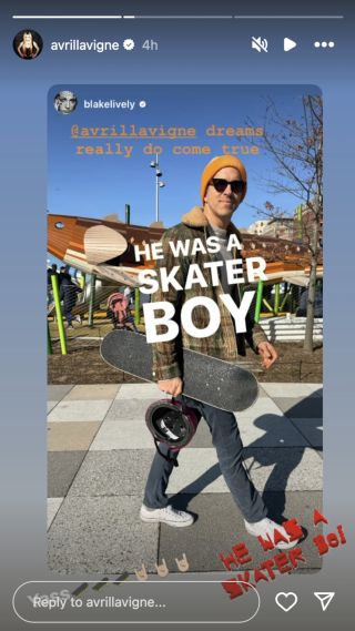 Ryan Reynolds shown off in skater apparel, through Avril Lavigne's Instagram story.