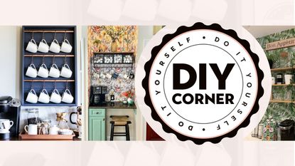 A trio of DIY coffee bars with black and white DIY corner roundel