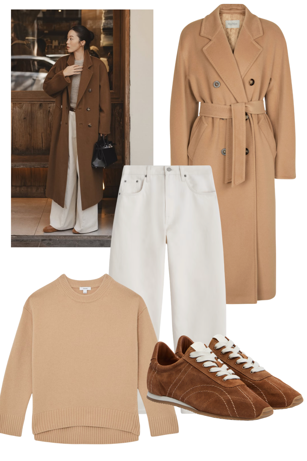 @tsangtastic wears white jeans, beige jumper and coat