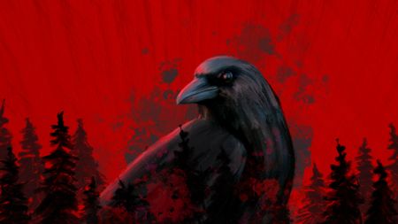 A crow on a red background