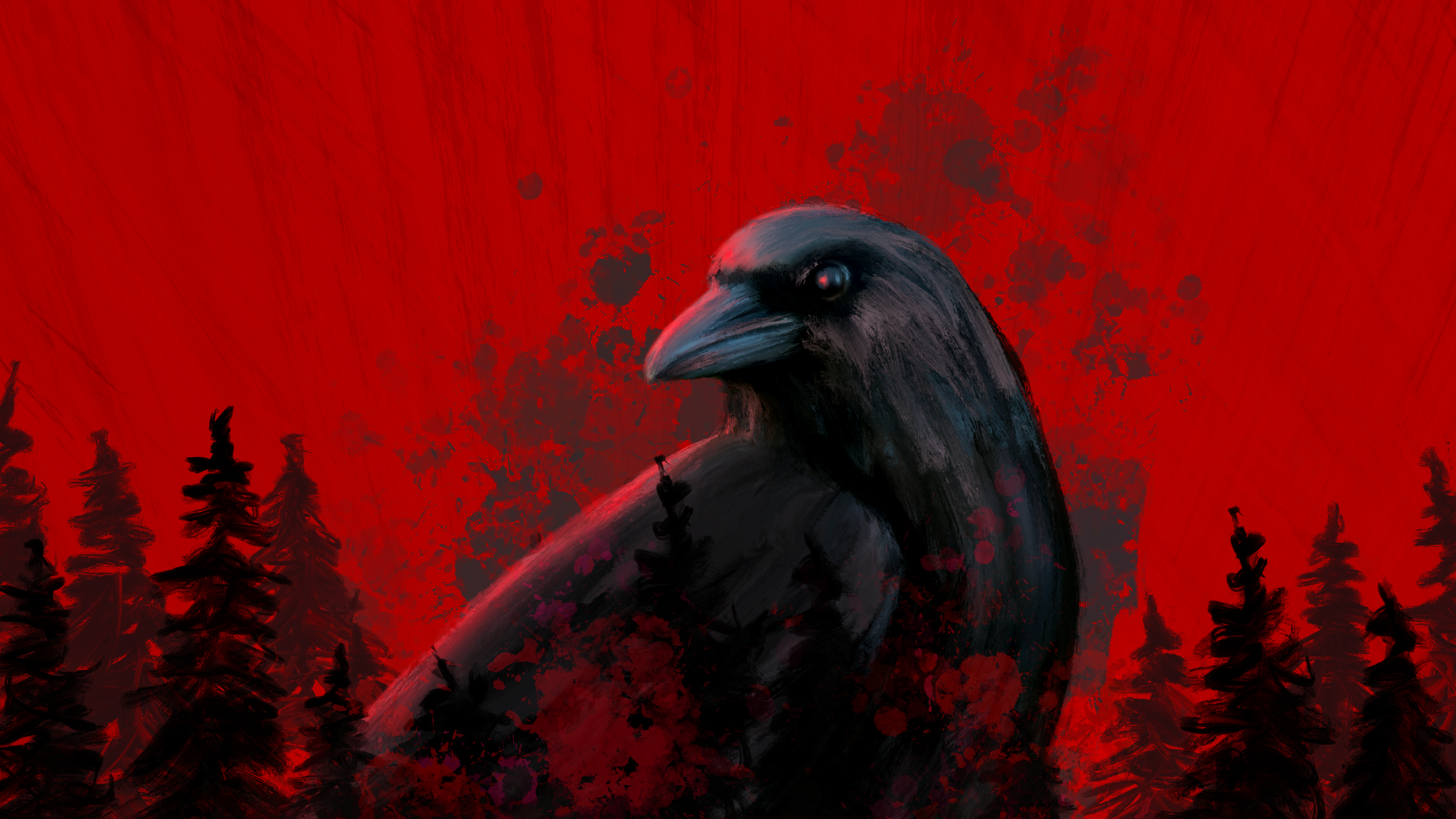 A crow on a red background