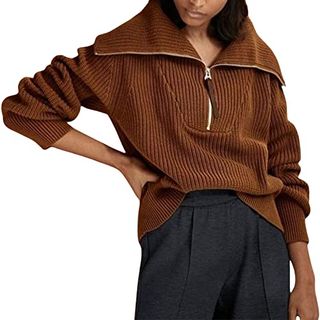 Women Half Zipper Knit Sweater Oversized Long Sleeve Turtleneck Sweater Casual Basic Fall Winter Pullover Knitwear (brown, S)