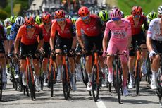 Geraint Thomas, Filippo Ganna and race leader Tadej Pogačar during stage 6 of the Giro d'Italia